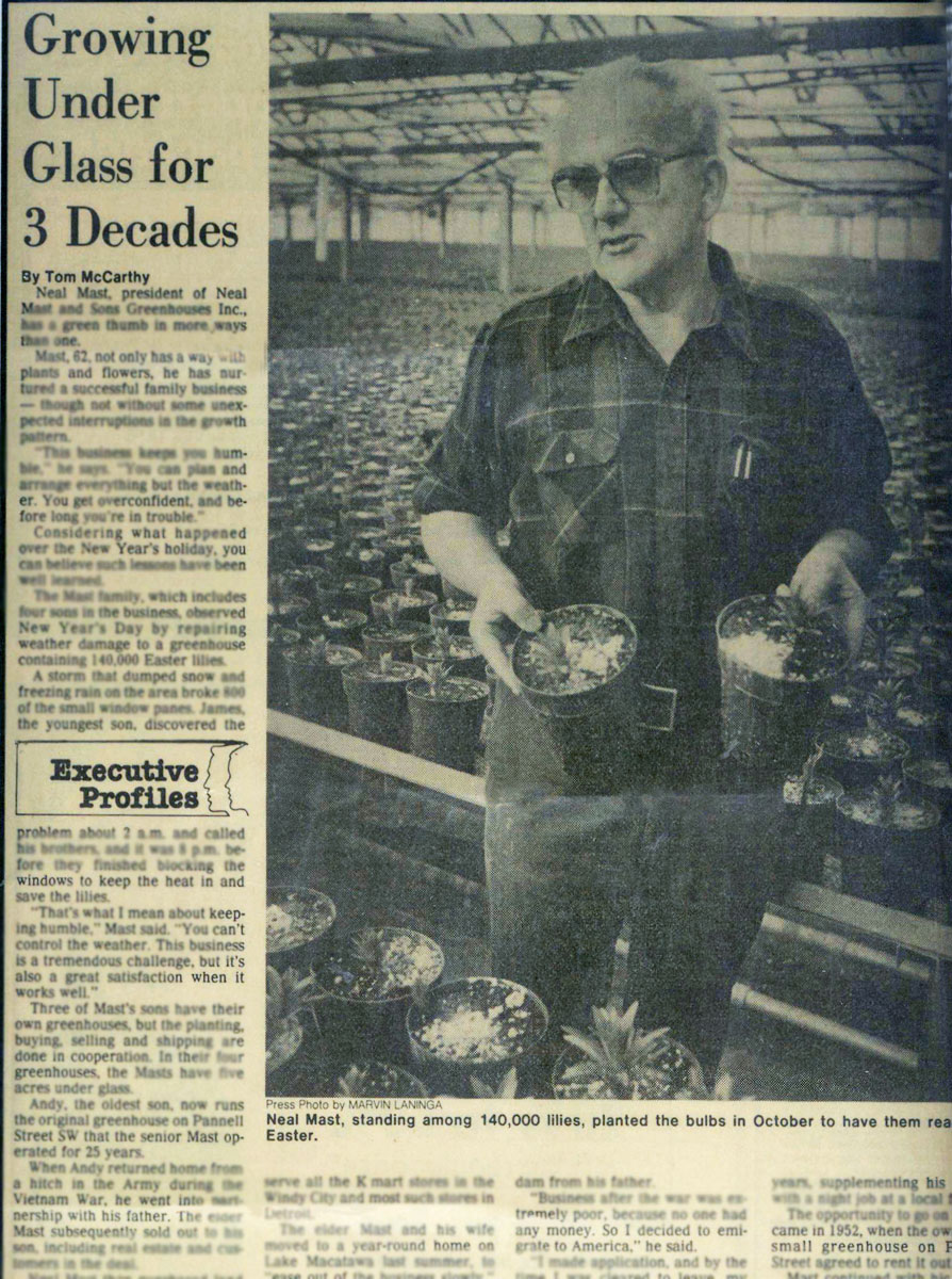 newspaper clipping of the history of andy mast greenhouses coming from neal mast